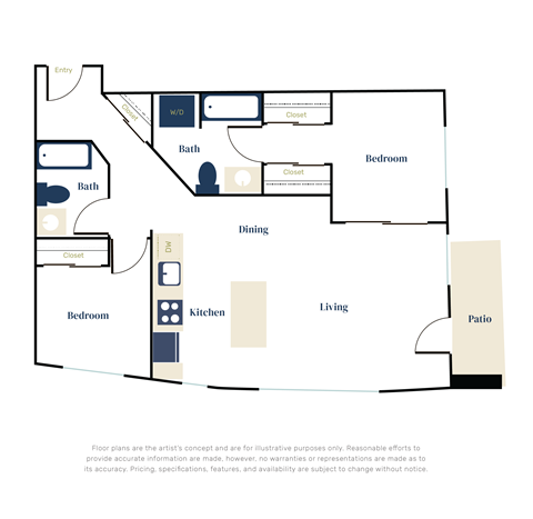 Floor plan for 2 beds, 2 baths, 1023 sqft
